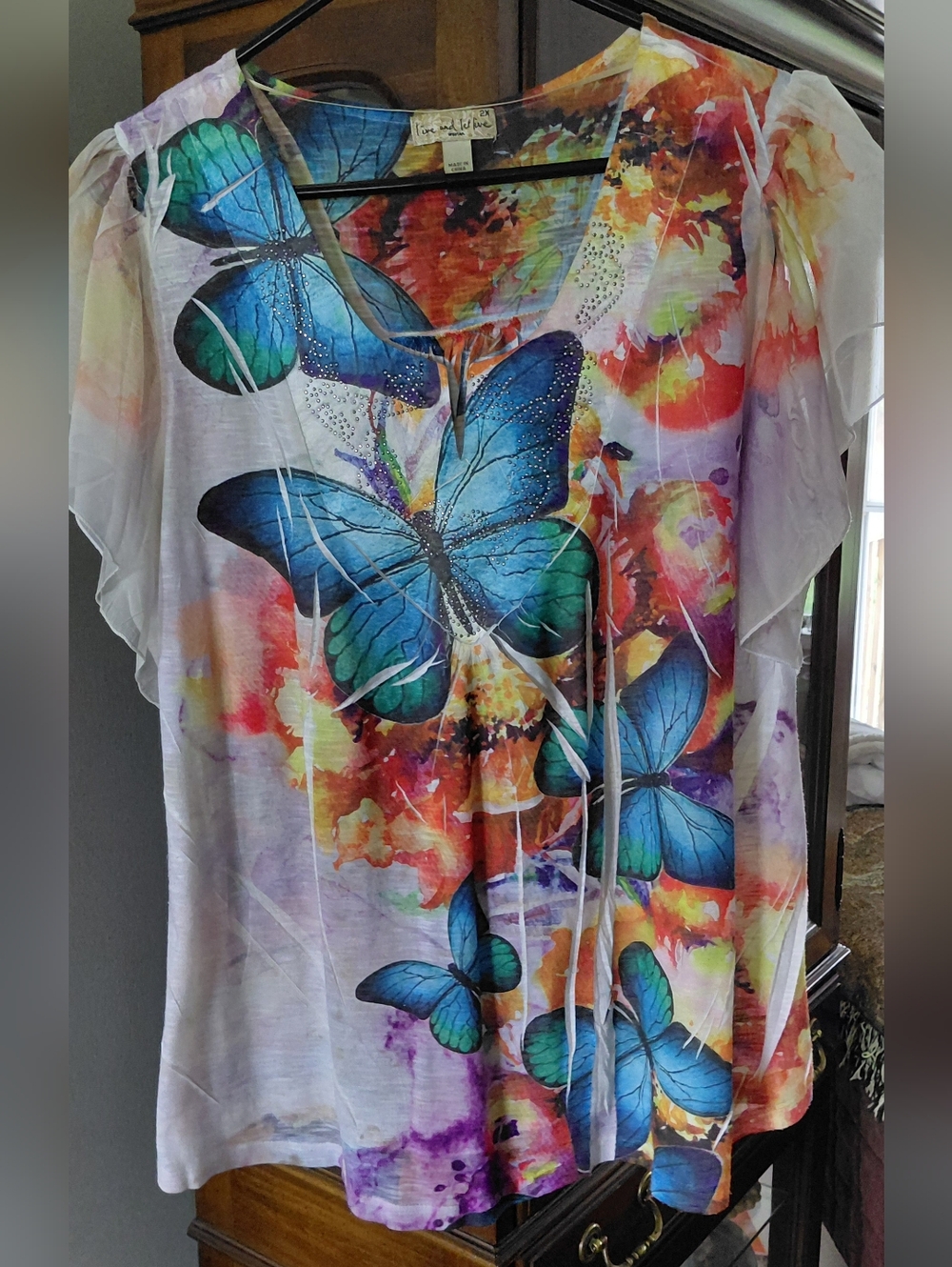 live and let live Blue Butterfly Watercolor Flutter Sleeve Top